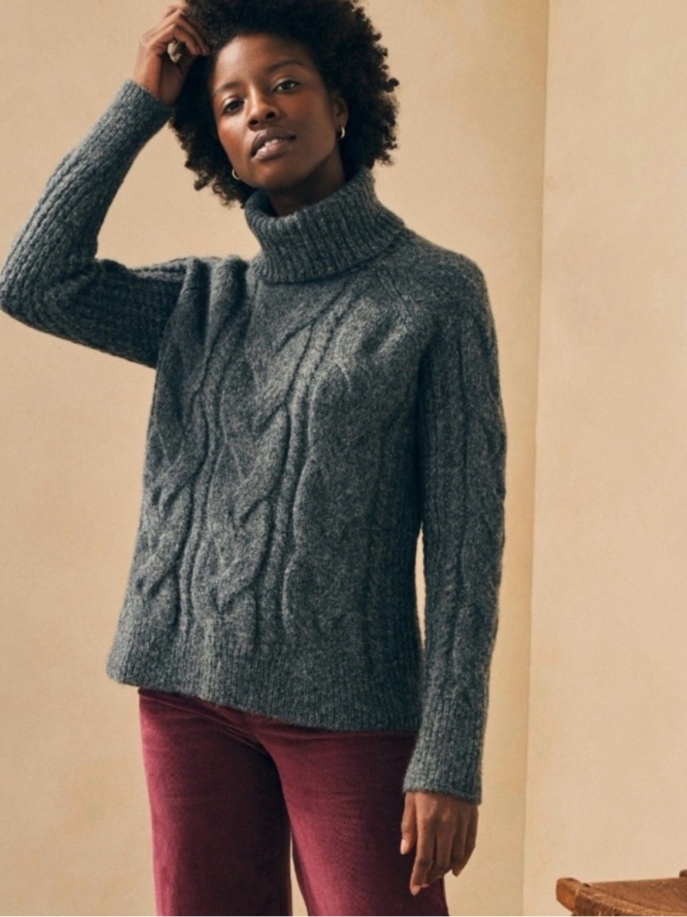 Faherty Cozy Cable-Knit Turtleneck Sweater Gray 70% Alpaca *read